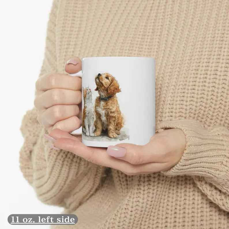 Dog and cat lovers mug - Title: Love poured in, cute dog and cat design, gift, birthday