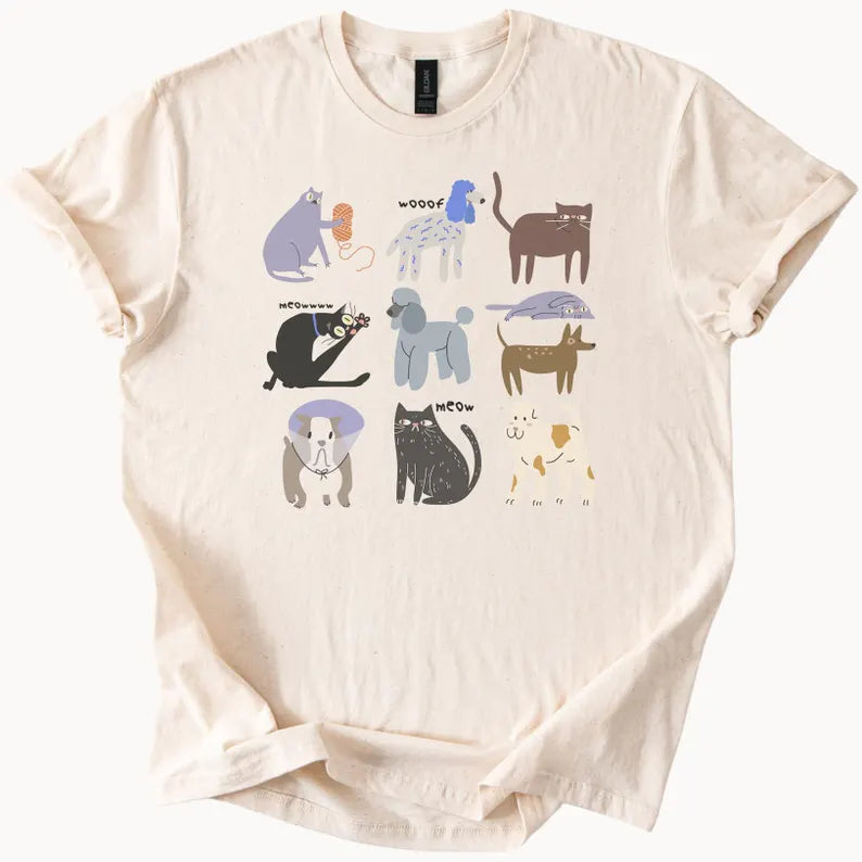funny illustrated cat and dog graphic t shirt cute doodle animal design comfortable pet lover tee top