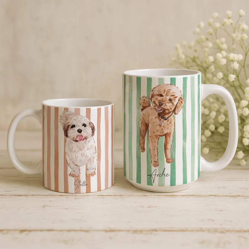 Custom Watercolor Pet Portrait Mug – Personalized Dog or Cat Photo Cup, Unique Gift for Pet Lovers & Dog/Cat Moms