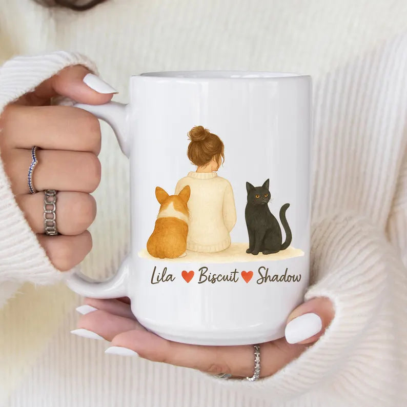 Custom Dog And Cat Mug Personalized Pet Names Gift For Her Pet Lover Coffee Cup Cute Woman With Pets Illustration