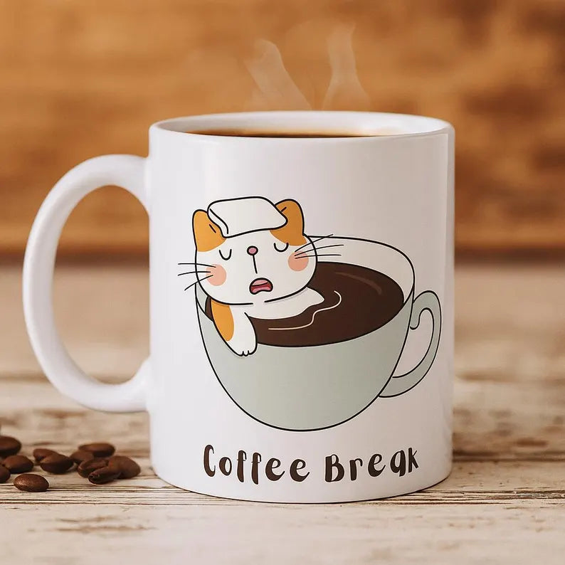 Coffee Break Cat Mug, Funny Cat Coffee Mug, Cat Lover Gift, Cute Animal Ceramic Mug, Relaxing Morning Mug, Animal Lover, Cat Enthusiasts