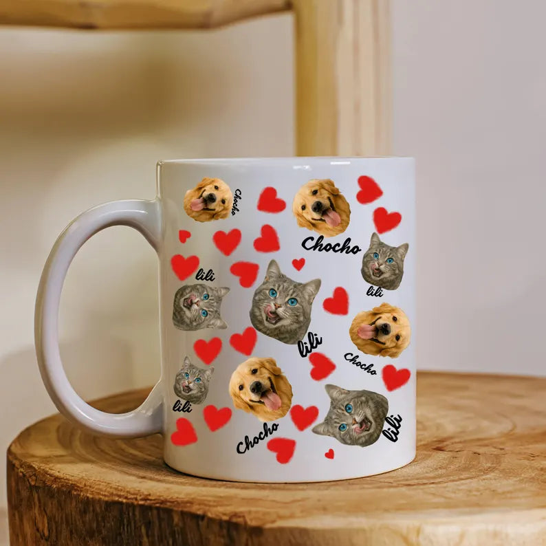 Personalized Pet Photo Mug with Names, Custom Dog Cat Face Cup, Cute Heart Pattern Gift for Pet Lovers, Custom Pet Portrait Coffee Mug