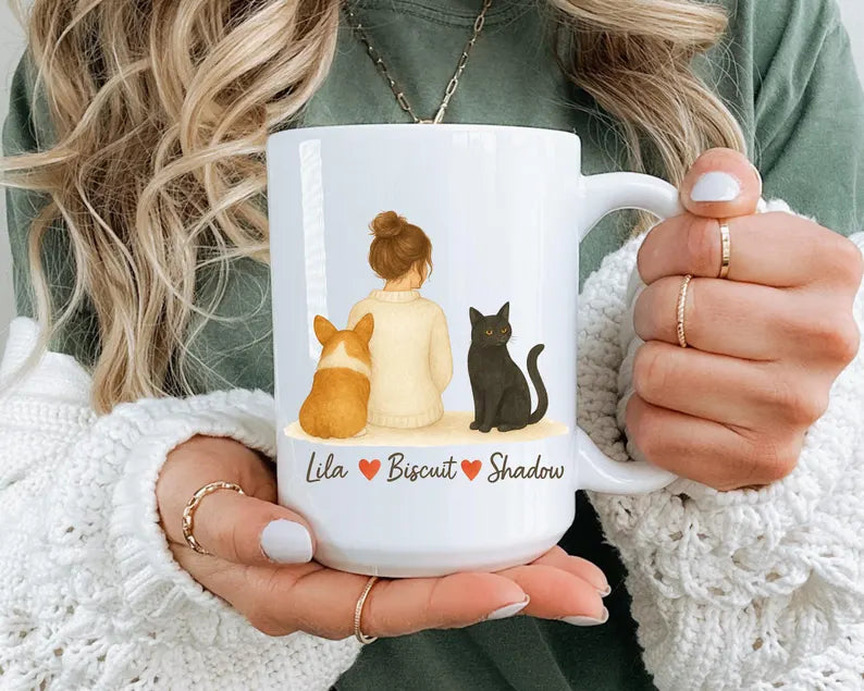 Custom Dog And Cat Mug Personalized Pet Names Gift For Her Pet Lover Coffee Cup Cute Woman With Pets Illustration
