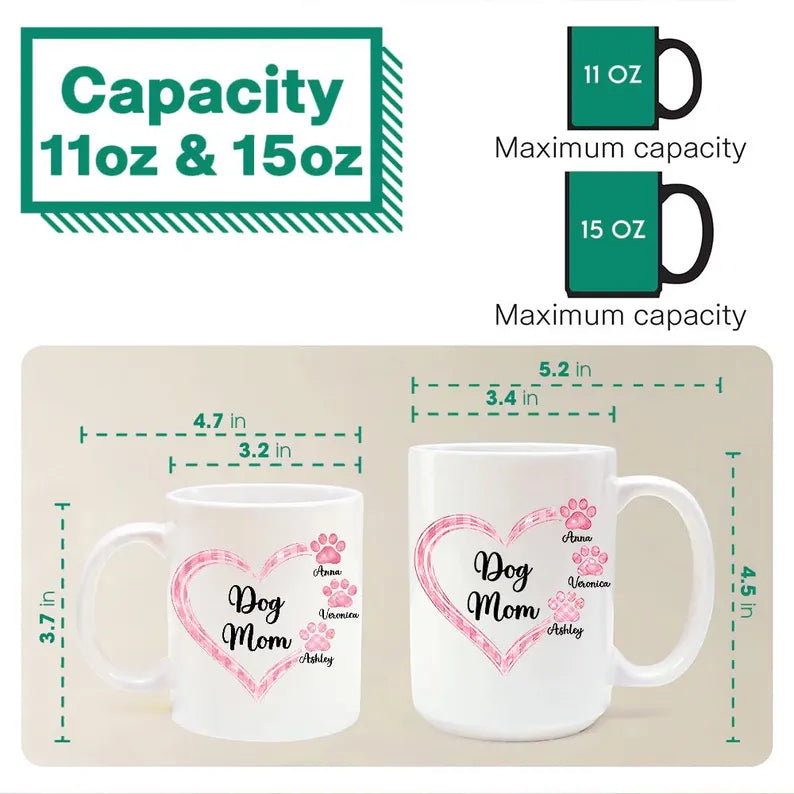 Personalized Dog Cat Mom Heart Paw Mug, Dog Mom Gift, Cat Dad Mug, New Dog Gift, Unique Gift for Pet Lovers