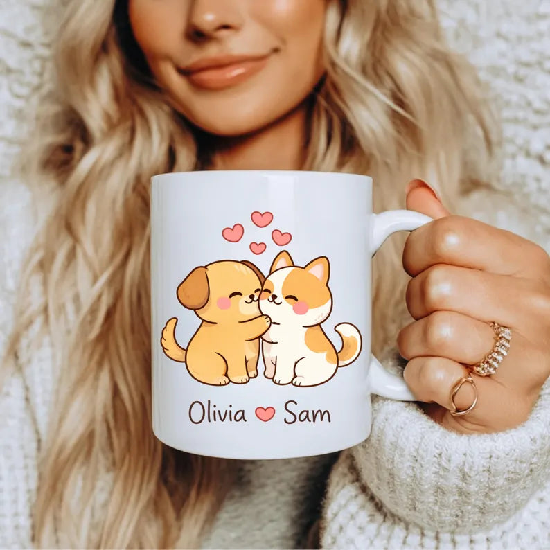 Personalized Cute Dog And Cat Couple Coffee Mug Gift Romantic Pet Lover Valentine Anniversary Cup With Names