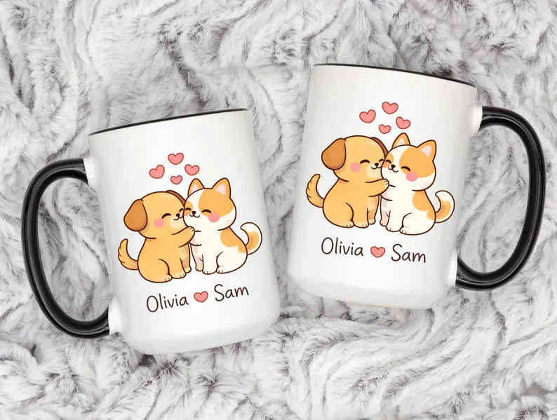 Personalized Cute Dog And Cat Couple Coffee Mug Gift Romantic Pet Lover Valentine Anniversary Cup With Names