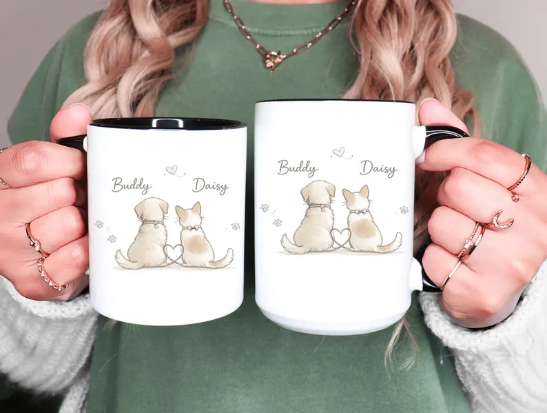 Personalized Dog And Cat Couple Mug Gift Custom Pet Names Coffee Cup Cute Puppy Kitty Love Present For Pet Parents