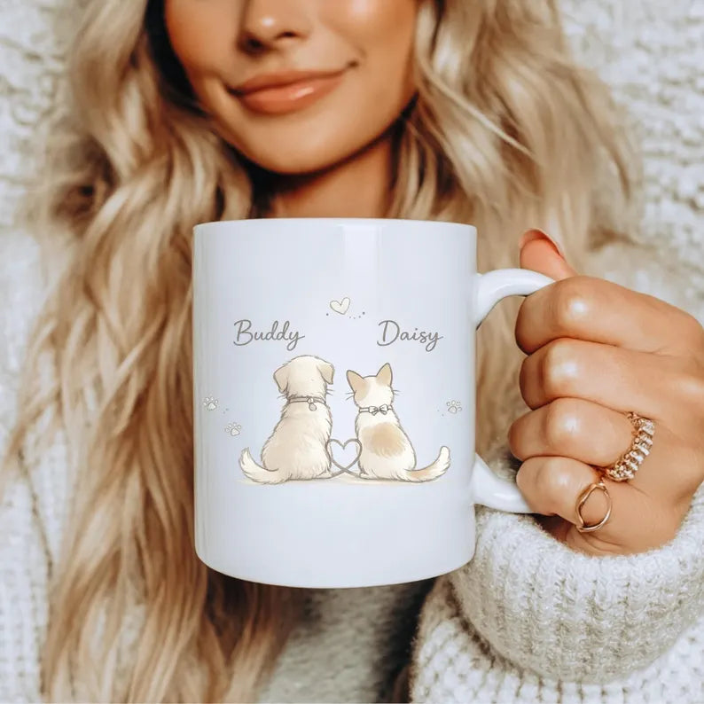 Personalized Dog And Cat Couple Mug Gift Custom Pet Names Coffee Cup Cute Puppy Kitty Love Present For Pet Parents